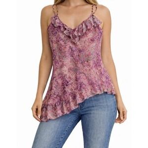 VTG Y2K 90s Pink Silk Paisley Beaded Ruffle Asymmetrical Going Out Top M Fairy